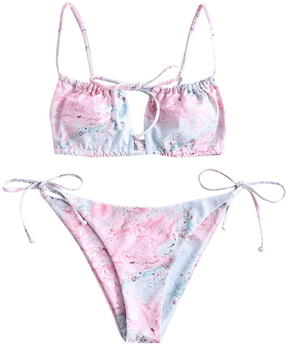 ZAFUL Women's Tie Cutout Keyhole Cami String Bikini Set Two Piece Swimsuit Apparel & Accessories > Clothing > Swimwear ZAFUL Marble-pink Large 