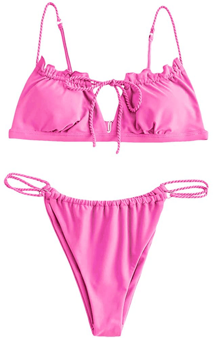 ZAFUL Women's Tie Cutout Keyhole Cami String Bikini Set Two Piece Swimsuit Apparel & Accessories > Clothing > Swimwear ZAFUL Solid-hot Pink Small 