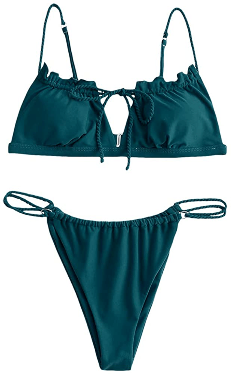 ZAFUL Women's Tie Cutout Keyhole Cami String Bikini Set Two Piece Swimsuit Apparel & Accessories > Clothing > Swimwear ZAFUL Solid-peacock Blue Medium 