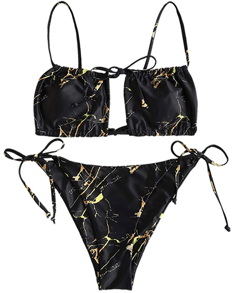 ZAFUL Women's Tie Cutout Keyhole Cami String Bikini Set Two Piece Swimsuit Apparel & Accessories > Clothing > Swimwear ZAFUL Marble-black Small 
