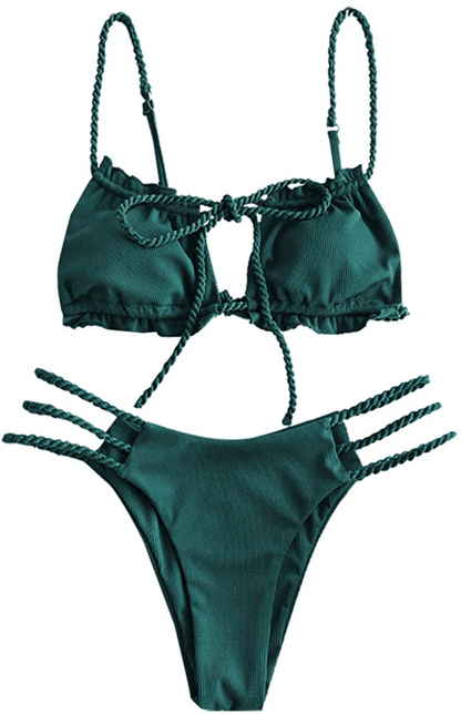 ZAFUL Women's Tie Cutout Keyhole Cami String Bikini Set Two Piece Swimsuit Apparel & Accessories > Clothing > Swimwear ZAFUL Ribbed-deep Green Small 