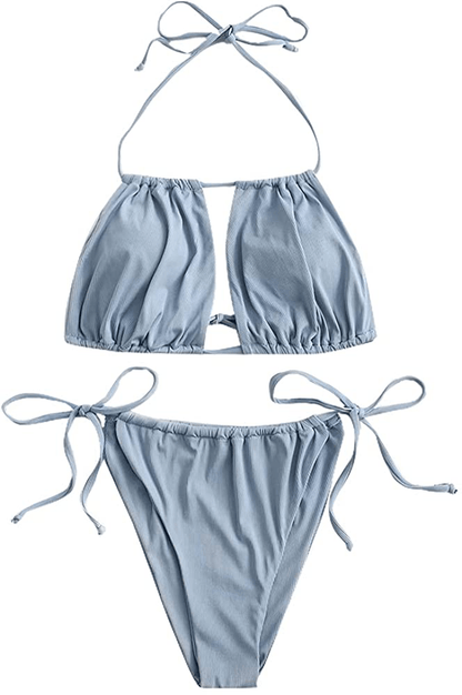 ZAFUL Women's Tie Cutout Keyhole Cami String Bikini Set Two Piece Swimsuit Apparel & Accessories > Clothing > Swimwear ZAFUL D-light Blue Small 