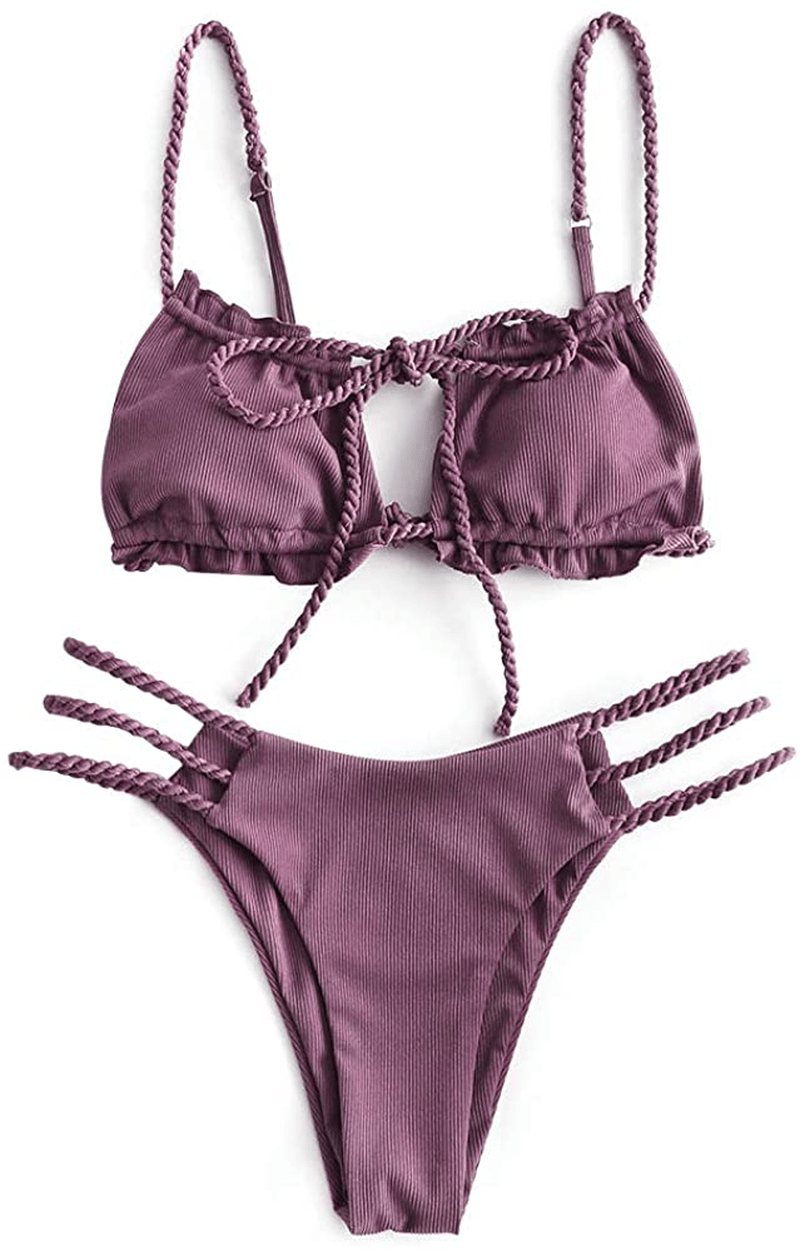 ZAFUL Women's Tie Cutout Keyhole Cami String Bikini Set Two Piece Swimsuit Apparel & Accessories > Clothing > Swimwear ZAFUL Ribbed-plum Pie Small 