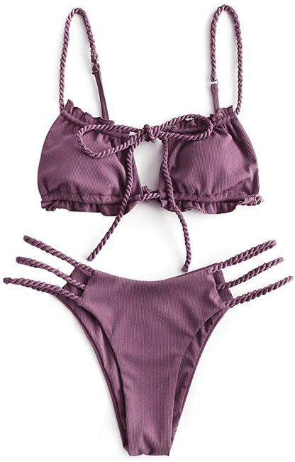 ZAFUL Women's Tie Cutout Keyhole Cami String Bikini Set Two Piece Swimsuit Apparel & Accessories > Clothing > Swimwear ZAFUL Ribbed-plum Pie Small 