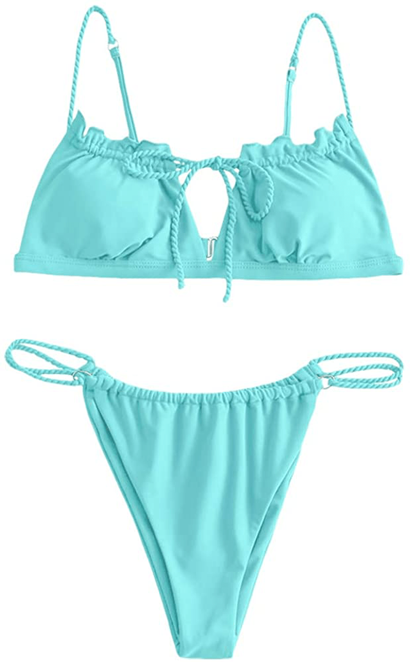 ZAFUL Women's Tie Cutout Keyhole Cami String Bikini Set Two Piece Swimsuit Apparel & Accessories > Clothing > Swimwear ZAFUL Solid-light Blue Small 