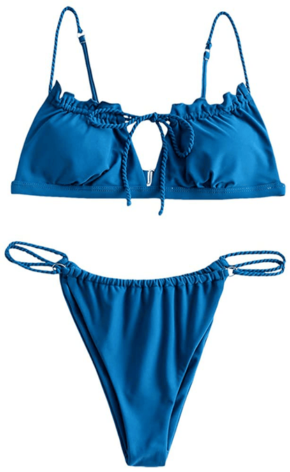 ZAFUL Women's Tie Cutout Keyhole Cami String Bikini Set Two Piece Swimsuit Apparel & Accessories > Clothing > Swimwear ZAFUL Solid-ocean Blue Small 