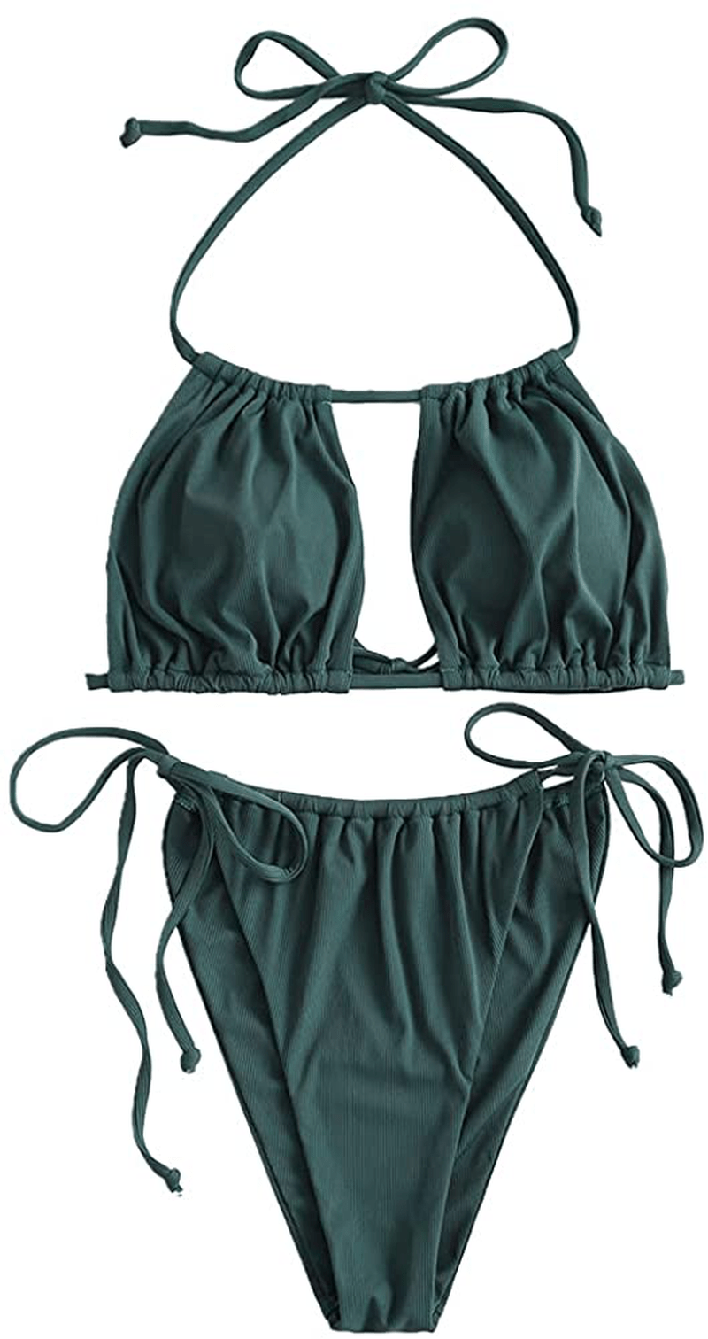 ZAFUL Women's Tie Cutout Keyhole Cami String Bikini Set Two Piece Swimsuit Apparel & Accessories > Clothing > Swimwear ZAFUL D-deep Green Medium 