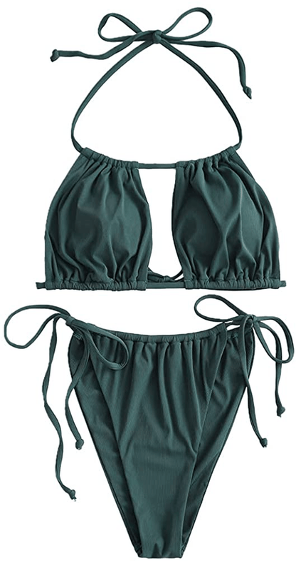 ZAFUL Women's Tie Cutout Keyhole Cami String Bikini Set Two Piece Swimsuit Apparel & Accessories > Clothing > Swimwear ZAFUL D-deep Green Medium 