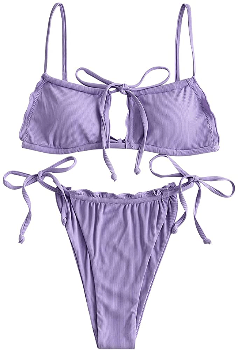 ZAFUL Women's Tie Cutout Keyhole Cami String Bikini Set Two Piece Swimsuit Apparel & Accessories > Clothing > Swimwear ZAFUL A-purple Large 