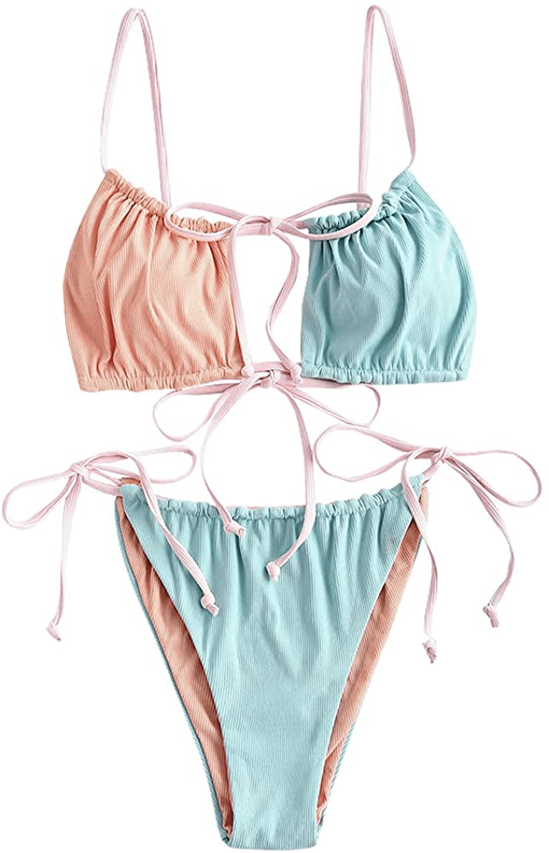 ZAFUL Women's Tie Cutout Keyhole Cami String Bikini Set Two Piece Swimsuit Apparel & Accessories > Clothing > Swimwear ZAFUL E-light Blue Medium 