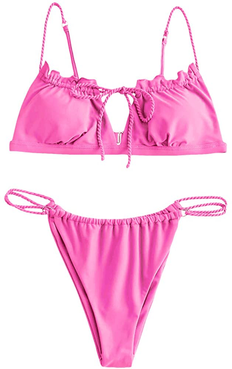 ZAFUL Women's Tie Cutout Keyhole Cami String Bikini Set Two Piece Swimsuit Apparel & Accessories > Clothing > Swimwear ZAFUL Solid-hot Pink Small 