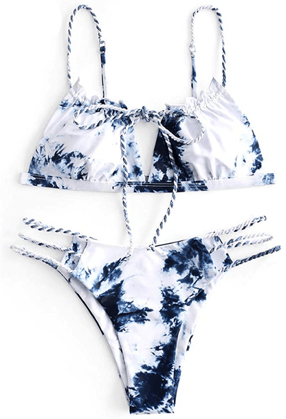 ZAFUL Women's Tie Cutout Keyhole Cami String Bikini Set Two Piece Swimsuit Apparel & Accessories > Clothing > Swimwear ZAFUL Tie Dye-blue Small 
