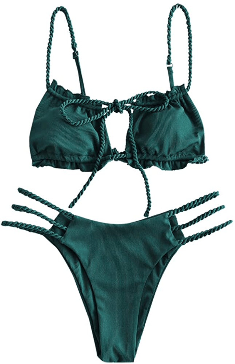 ZAFUL Women's Tie Cutout Keyhole Cami String Bikini Set Two Piece Swimsuit Apparel & Accessories > Clothing > Swimwear ZAFUL Ribbed-deep Green Small 