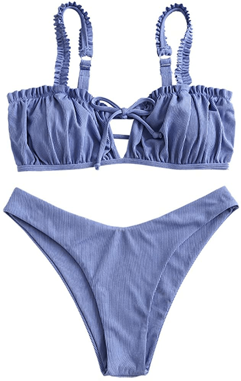 ZAFUL Women's Tie Cutout Keyhole Cami String Bikini Set Two Piece Swimsuit Apparel & Accessories > Clothing > Swimwear ZAFUL Lettuce-blue Small 