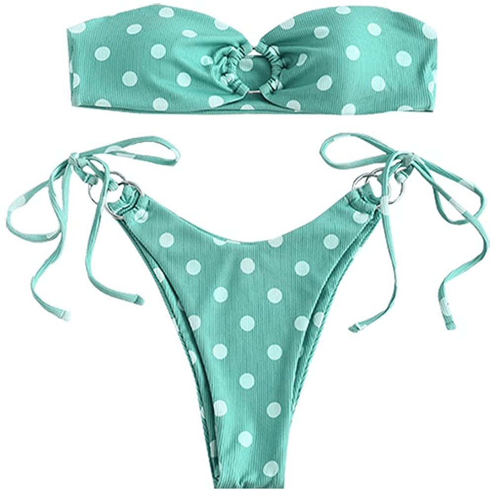 ZAFUL Women's Tie Dye Ribbed O Ring Lace Up Tie Side Bandeau Bikini Set Swimsuit J-light Green / Large