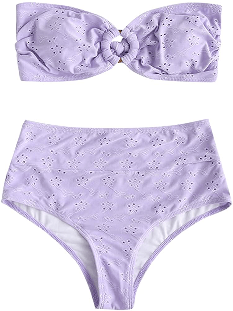 ZAFUL Women's Tie Dye Ribbed O Ring Lace Up Tie Side Bandeau Bikini Set Swimsuit M-light Purple / Small