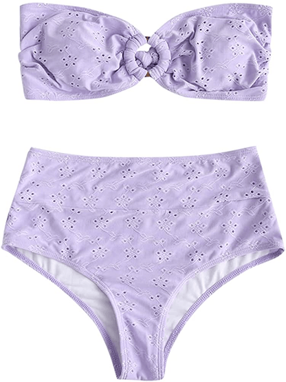 ZAFUL Women's Tie Dye Ribbed O Ring Lace Up Tie Side Bandeau Bikini Set Swimsuit M-light Purple / Small