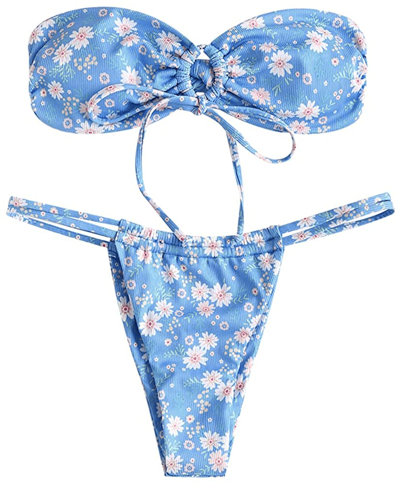 ZAFUL Women's Tie Dye Ribbed O Ring Lace Up Tie Side Bandeau Bikini Set Swimsuit F-blue / Medium