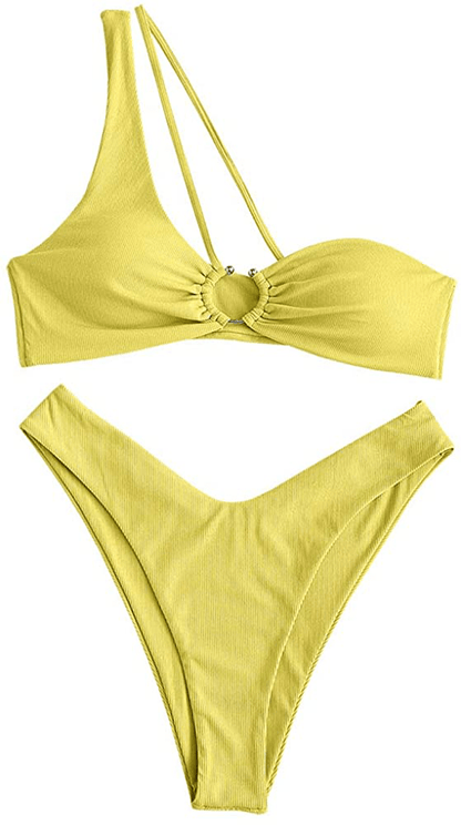 ZAFUL Women's Tie Dye Ribbed O Ring Lace Up Tie Side Bandeau Bikini Set Swimsuit B-deep Yellow / Small