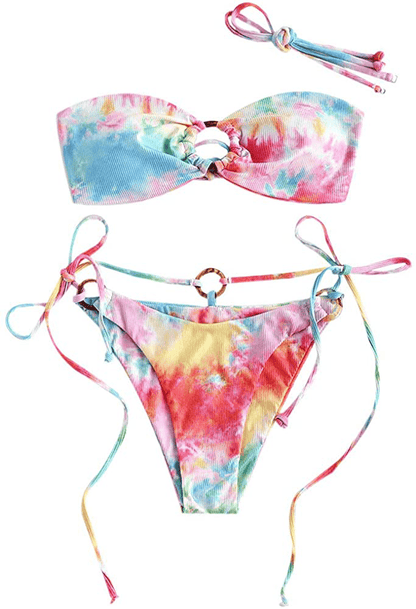 ZAFUL Women's Tie Dye Ribbed O Ring Lace Up Tie Side Bandeau Bikini Set Swimsuit A-light Pink / Small