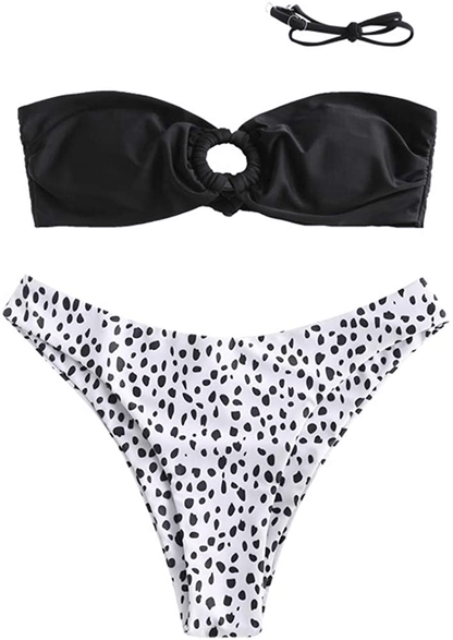 ZAFUL Women's Tie Dye Ribbed O Ring Lace Up Tie Side Bandeau Bikini Set Swimsuit Dot-white / Small