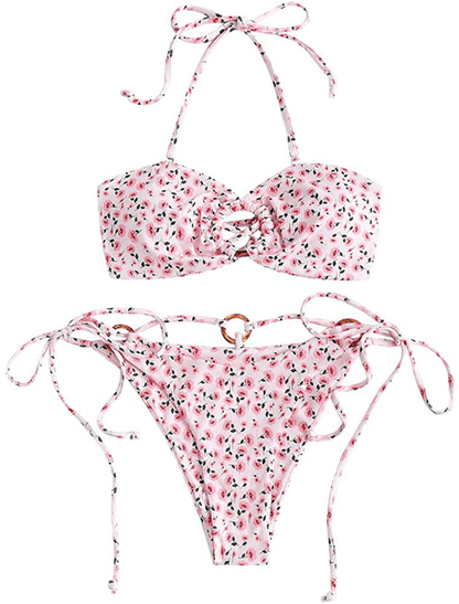 ZAFUL Women's Tie Dye Ribbed O Ring Lace Up Tie Side Bandeau Bikini Set Swimsuit Floral-light Pink / Medium