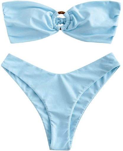 ZAFUL Women's Tie Dye Ribbed O Ring Lace Up Tie Side Bandeau Bikini Set Swimsuit E-blue / Large