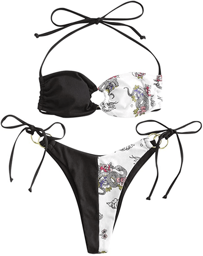 ZAFUL Women's Tie Dye Ribbed O Ring Lace Up Tie Side Bandeau Bikini Set Swimsuit N-black / Large