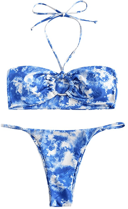 ZAFUL Women's Tie Dye Ribbed O Ring Lace Up Tie Side Bandeau Bikini Set Swimsuit Tie Dye-blue / Small