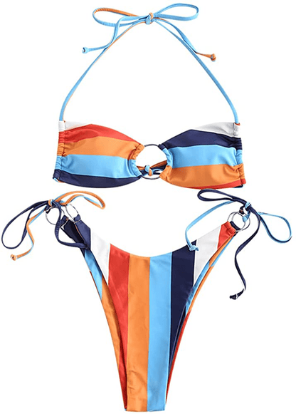 ZAFUL Women's Tie Dye Ribbed O Ring Lace Up Tie Side Bandeau Bikini Set Swimsuit Multi-a / Large
