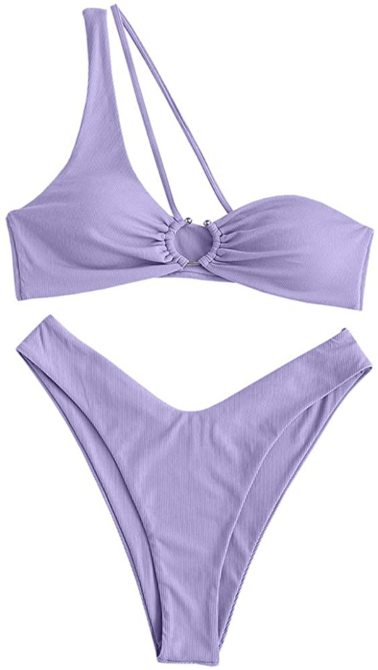 ZAFUL Women's Tie Dye Ribbed O Ring Lace Up Tie Side Bandeau Bikini Set Swimsuit B-purple / Large