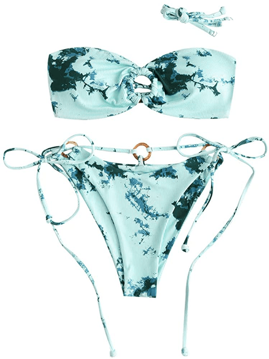ZAFUL Women's Tie Dye Ribbed O Ring Lace Up Tie Side Bandeau Bikini Set Swimsuit Apparel & Accessories > Clothing > Swimwear ZAFUL A-deep Green Small 