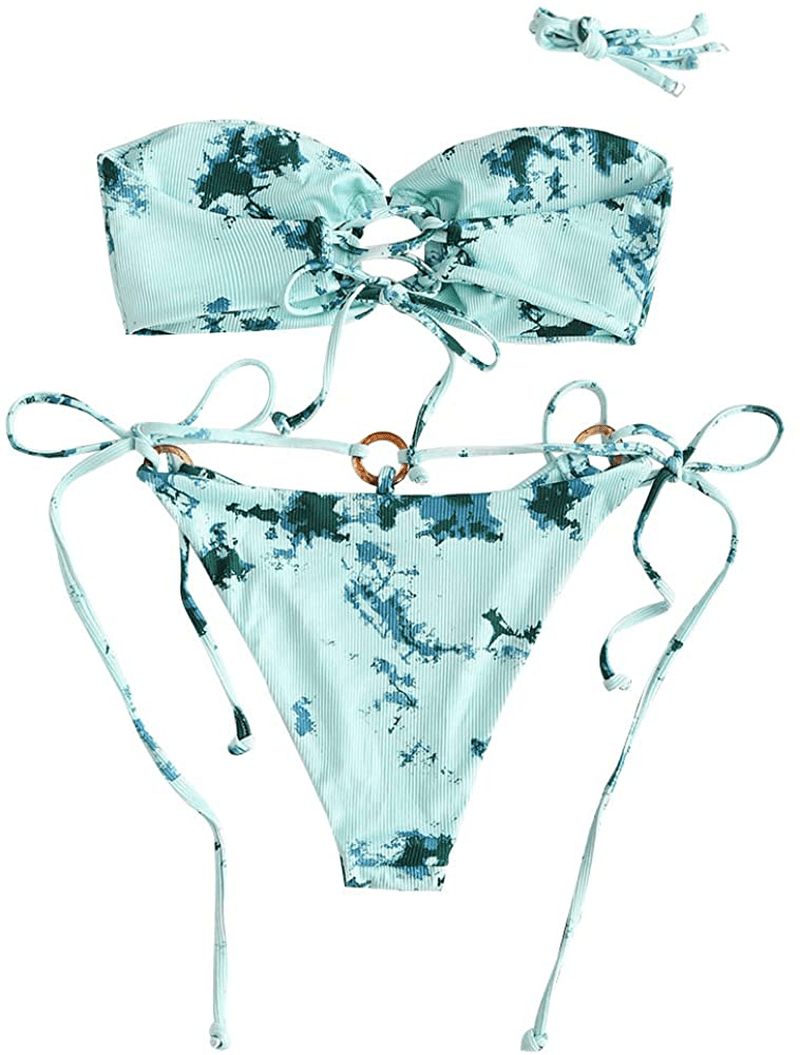 ZAFUL Women's Tie Dye Ribbed O Ring Lace Up Tie Side Bandeau Bikini Set Swimsuit Apparel & Accessories > Clothing > Swimwear ZAFUL   