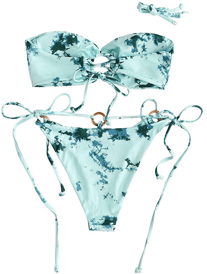 ZAFUL Women's Tie Dye Ribbed O Ring Lace Up Tie Side Bandeau Bikini Set Swimsuit Apparel & Accessories > Clothing > Swimwear ZAFUL   