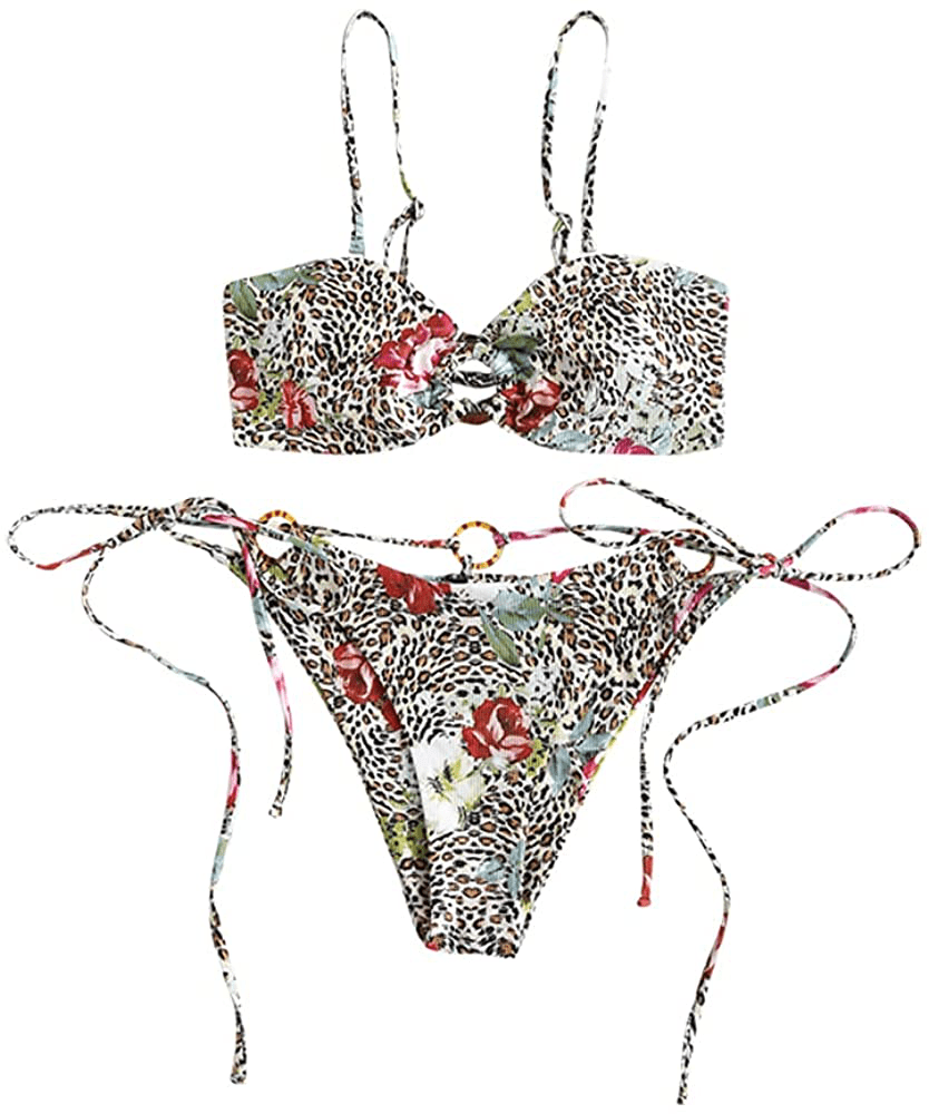 ZAFUL Women's Tie Dye Ribbed O Ring Lace Up Tie Side Bandeau Bikini Set Swimsuit Apparel & Accessories > Clothing > Swimwear ZAFUL Multi-b Small 