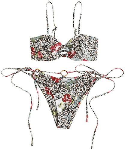 ZAFUL Women's Tie Dye Ribbed O Ring Lace Up Tie Side Bandeau Bikini Set Swimsuit Apparel & Accessories > Clothing > Swimwear ZAFUL Multi-b Small 