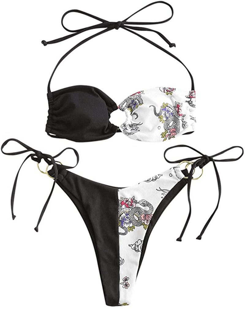 ZAFUL Women's Tie Dye Ribbed O Ring Lace Up Tie Side Bandeau Bikini Set Swimsuit Apparel & Accessories > Clothing > Swimwear ZAFUL N-black Large 