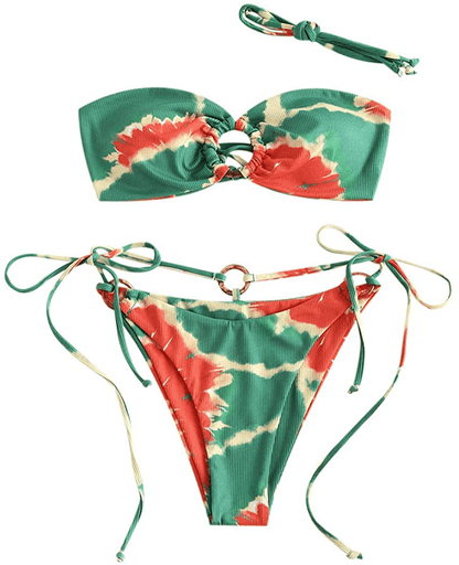 ZAFUL Women's Tie Dye Ribbed O Ring Lace Up Tie Side Bandeau Bikini Set Swimsuit Apparel & Accessories > Clothing > Swimwear ZAFUL A-green Large 