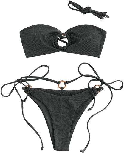 ZAFUL Women's Tie Dye Ribbed O Ring Lace Up Tie Side Bandeau Bikini Set Swimsuit Apparel & Accessories > Clothing > Swimwear ZAFUL D-black Large 