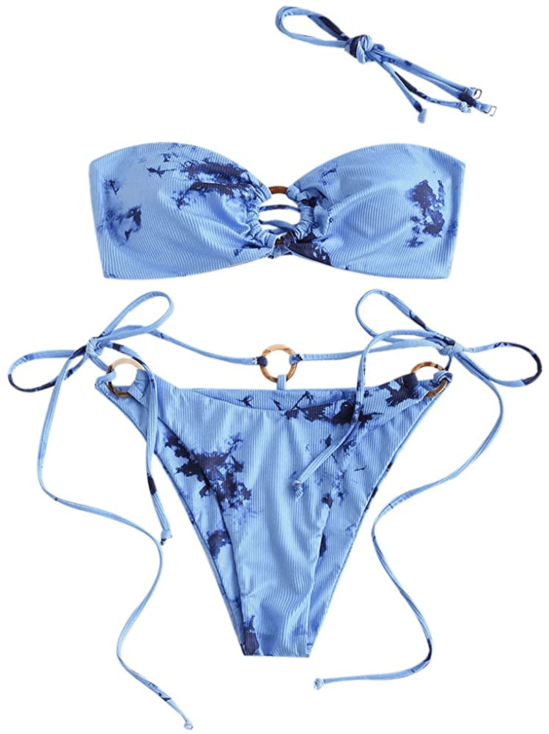 ZAFUL Women's Tie Dye Ribbed O Ring Lace Up Tie Side Bandeau Bikini Set Swimsuit Apparel & Accessories > Clothing > Swimwear ZAFUL A-light Blue Small 