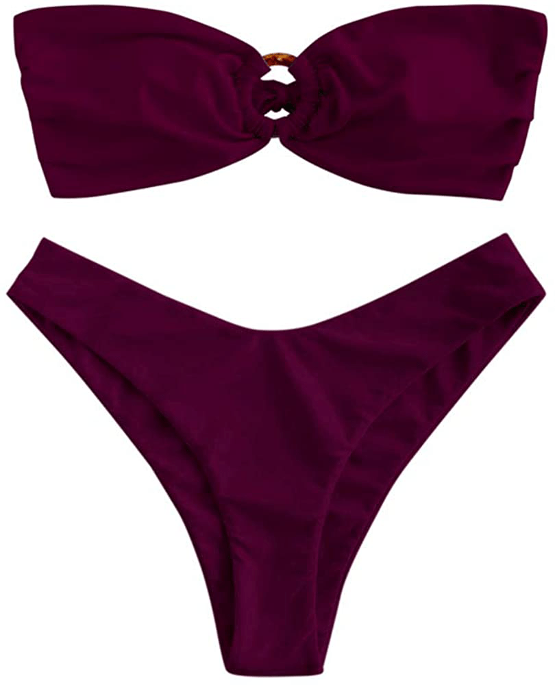 ZAFUL Women's Tie Dye Ribbed O Ring Lace Up Tie Side Bandeau Bikini Set Swimsuit Apparel & Accessories > Clothing > Swimwear ZAFUL E-plum Pie Large 
