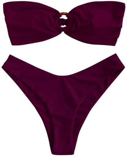 ZAFUL Women's Tie Dye Ribbed O Ring Lace Up Tie Side Bandeau Bikini Set Swimsuit Apparel & Accessories > Clothing > Swimwear ZAFUL E-plum Pie Large 