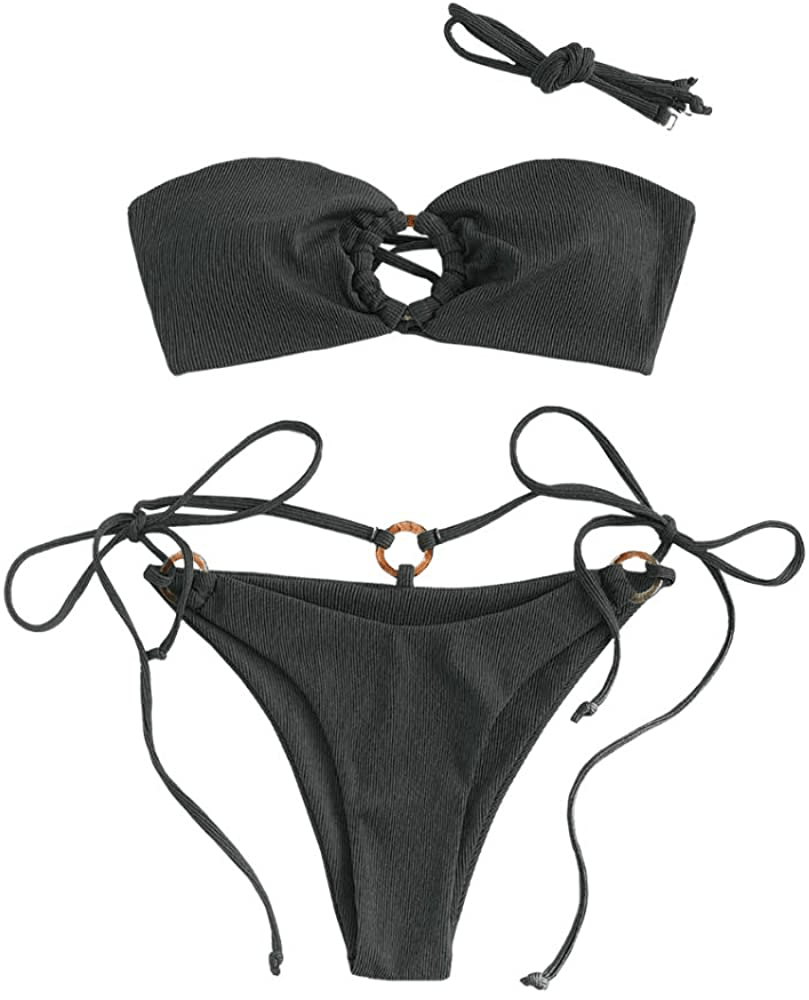 ZAFUL Women's Tie Dye Ribbed O Ring Lace Up Tie Side Bandeau Bikini Set Swimsuit Apparel & Accessories > Clothing > Swimwear ZAFUL D-black Large 