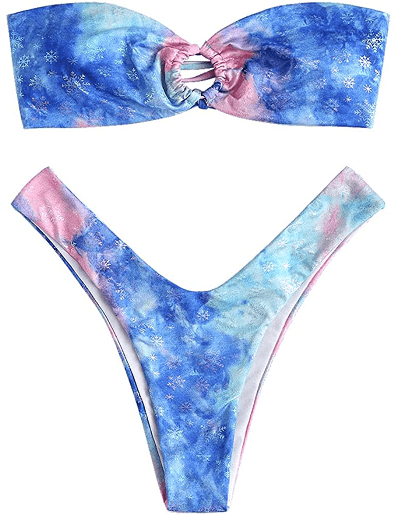 ZAFUL Women's Tie Dye Ribbed O Ring Lace Up Tie Side Bandeau Bikini Set Swimsuit Apparel & Accessories > Clothing > Swimwear ZAFUL G-blue Large 
