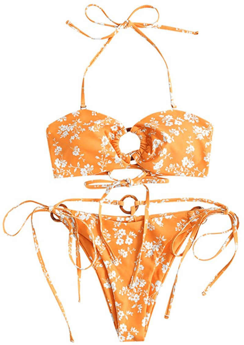 ZAFUL Women's Tie Dye Ribbed O Ring Lace Up Tie Side Bandeau Bikini Set Swimsuit Apparel & Accessories > Clothing > Swimwear ZAFUL Floral-orange Large 