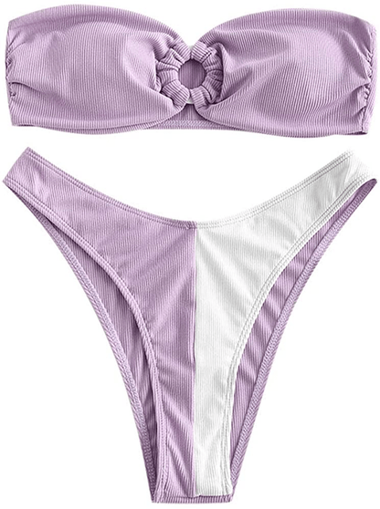 ZAFUL Women's Tie Dye Ribbed O Ring Lace Up Tie Side Bandeau Bikini Set Swimsuit Apparel & Accessories > Clothing > Swimwear ZAFUL Ribbed-light Purple Small 
