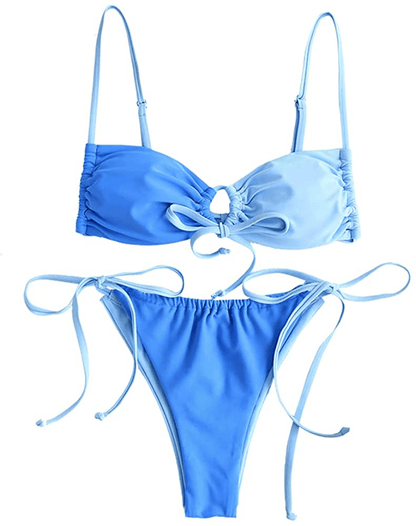 ZAFUL Women's Tie Dye Ribbed O Ring Lace Up Tie Side Bandeau Bikini Set Swimsuit Apparel & Accessories > Clothing > Swimwear ZAFUL M-blue Small 