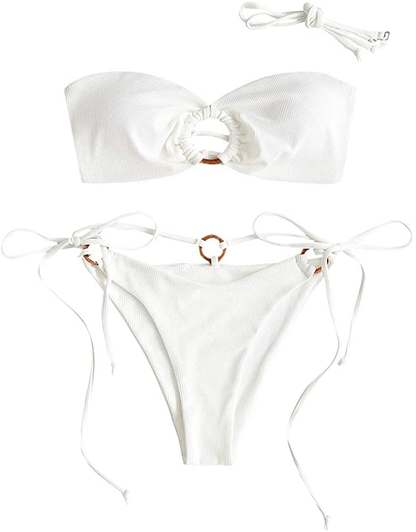 ZAFUL Women's Tie Dye Ribbed O Ring Lace Up Tie Side Bandeau Bikini Set Swimsuit Apparel & Accessories > Clothing > Swimwear ZAFUL D-white Large 