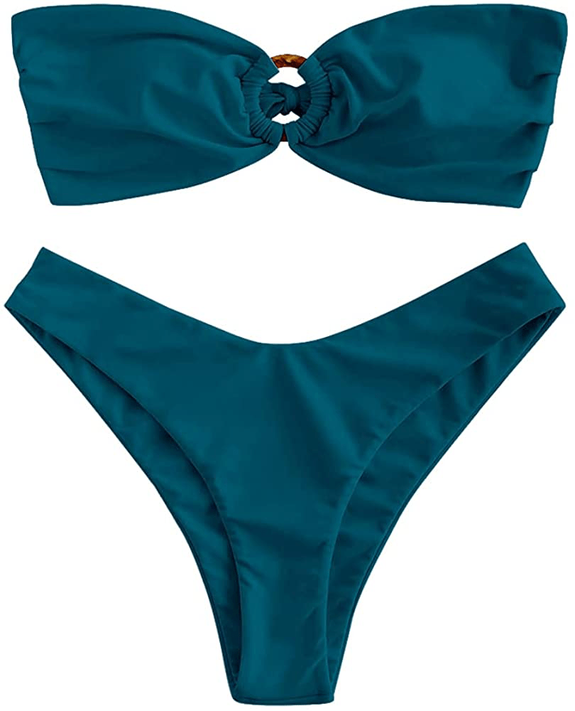 ZAFUL Women's Tie Dye Ribbed O Ring Lace Up Tie Side Bandeau Bikini Set Swimsuit Apparel & Accessories > Clothing > Swimwear ZAFUL E-peacock Blue Large 