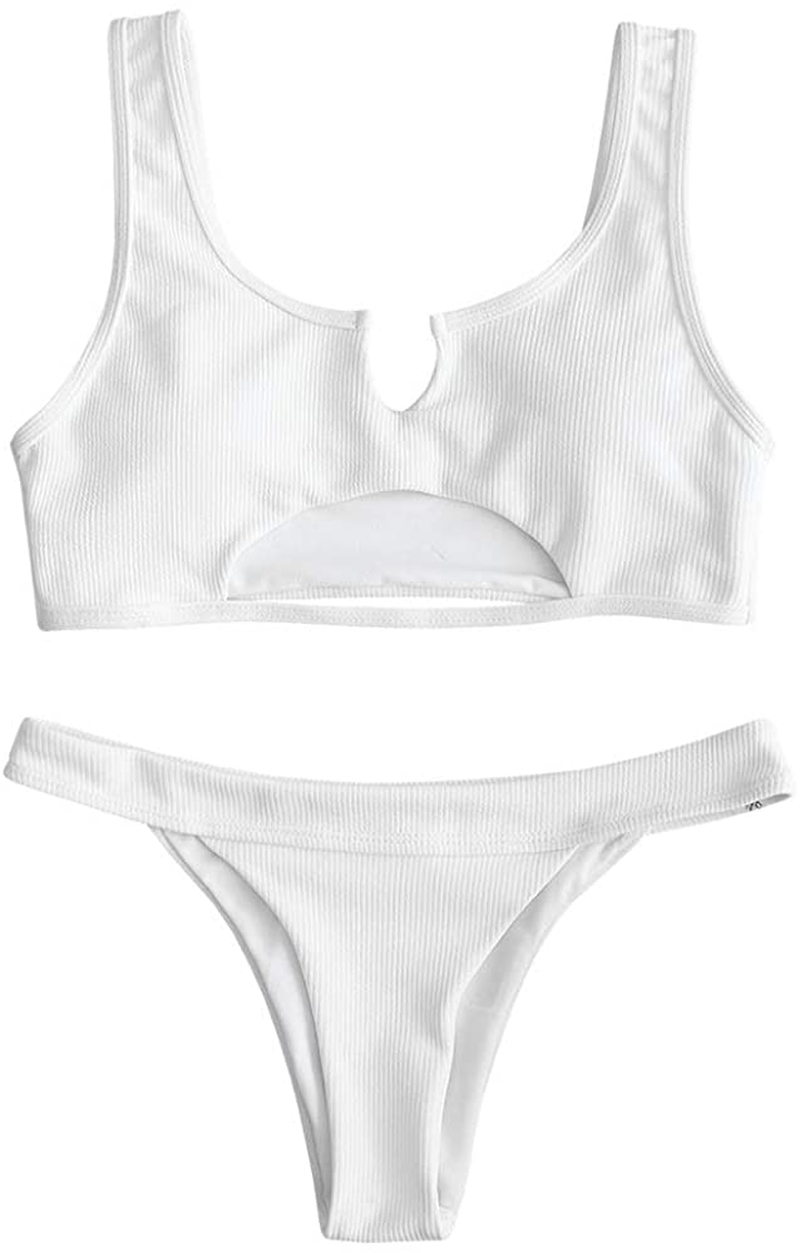 ZAFUL Women's Tie Dye V-Notch Cutout High Cut Bikini Set Two Piece Swimsuit Apparel & Accessories > Clothing > Swimwear ZAFUL B-white Small 